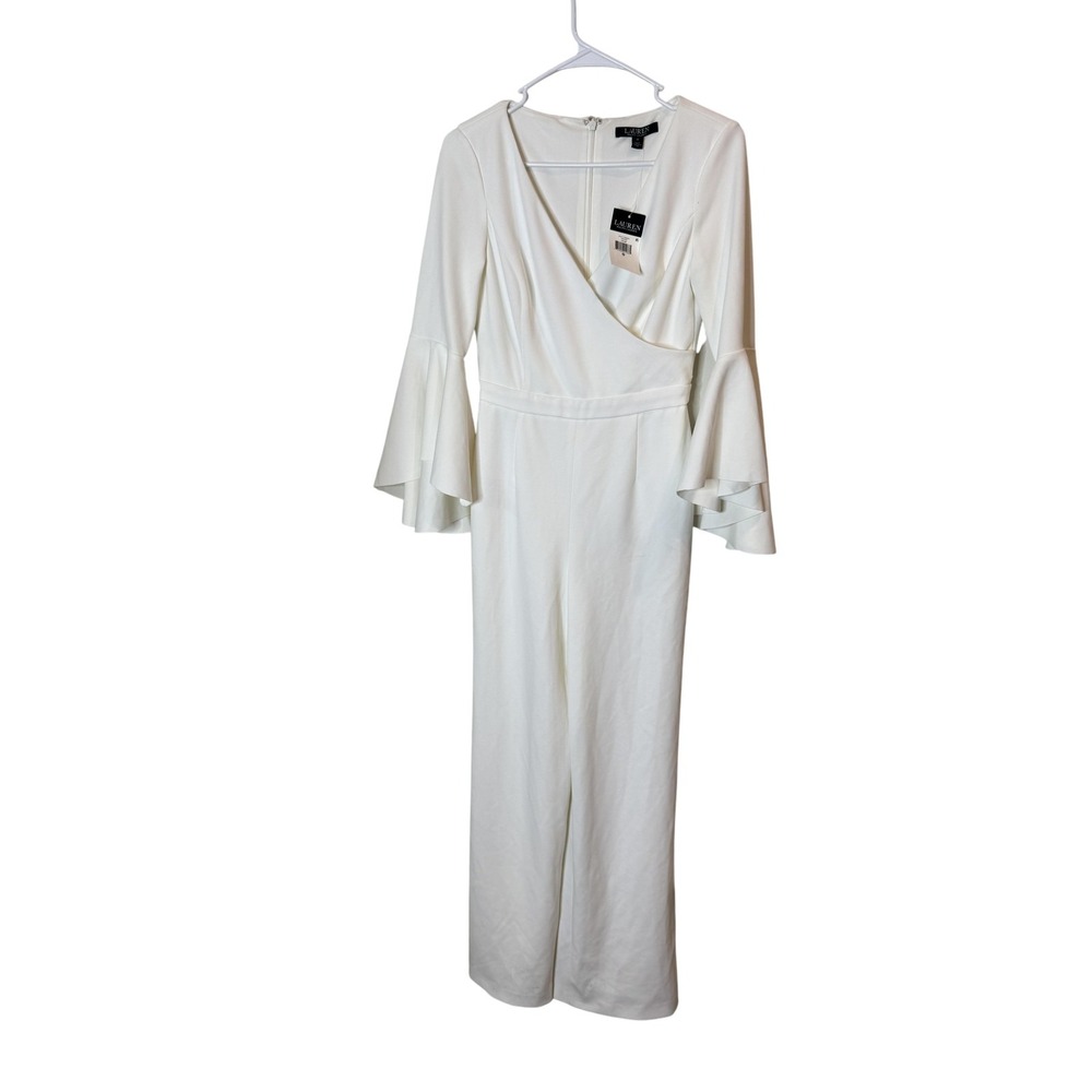 Lauren Ralph Lauren Jumpsuit Womens 0 Cream Bell Sleeve Wide Leg Formal Evening